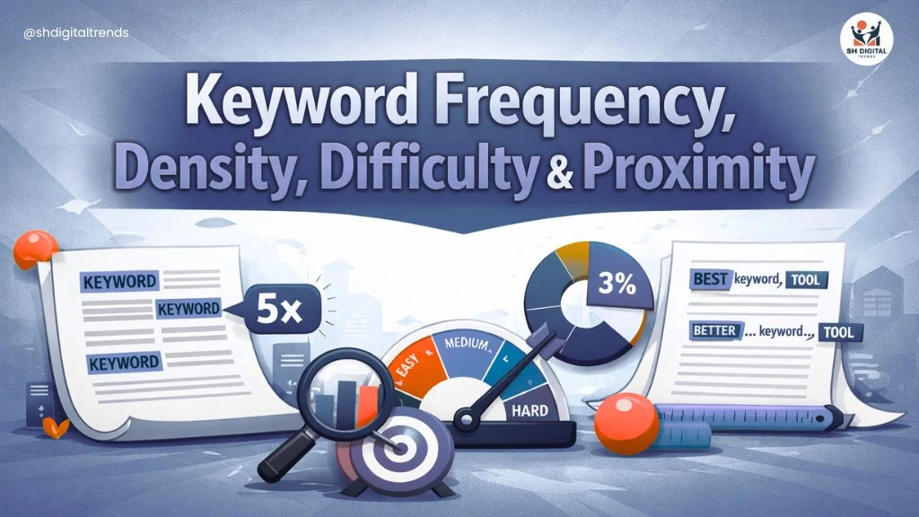 keyword frequency, keyword density, keyword difficulty, and keyword proximity