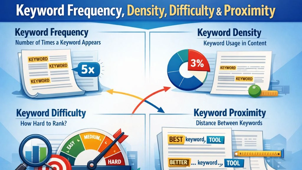 keyword frequency, keyword density, keyword difficulty, and keyword proximity